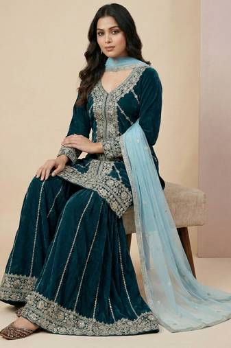Teal designer velvet readymade designer suit