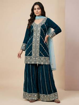 Teal designer velvet readymade designer suit 2
