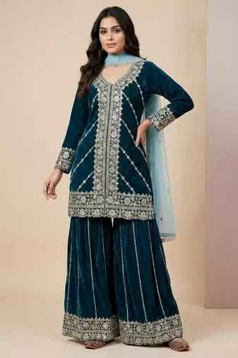 Teal designer velvet readymade designer suit
