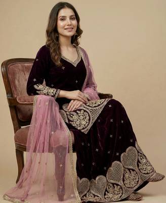 Maroon designer velvet readymade designer suit 1
