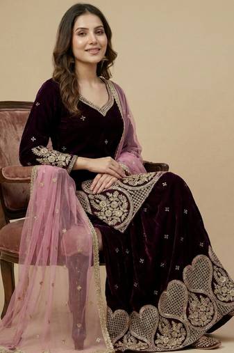 Maroon designer velvet readymade designer suit