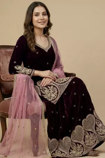 Maroon designer velvet readymade designer suit
