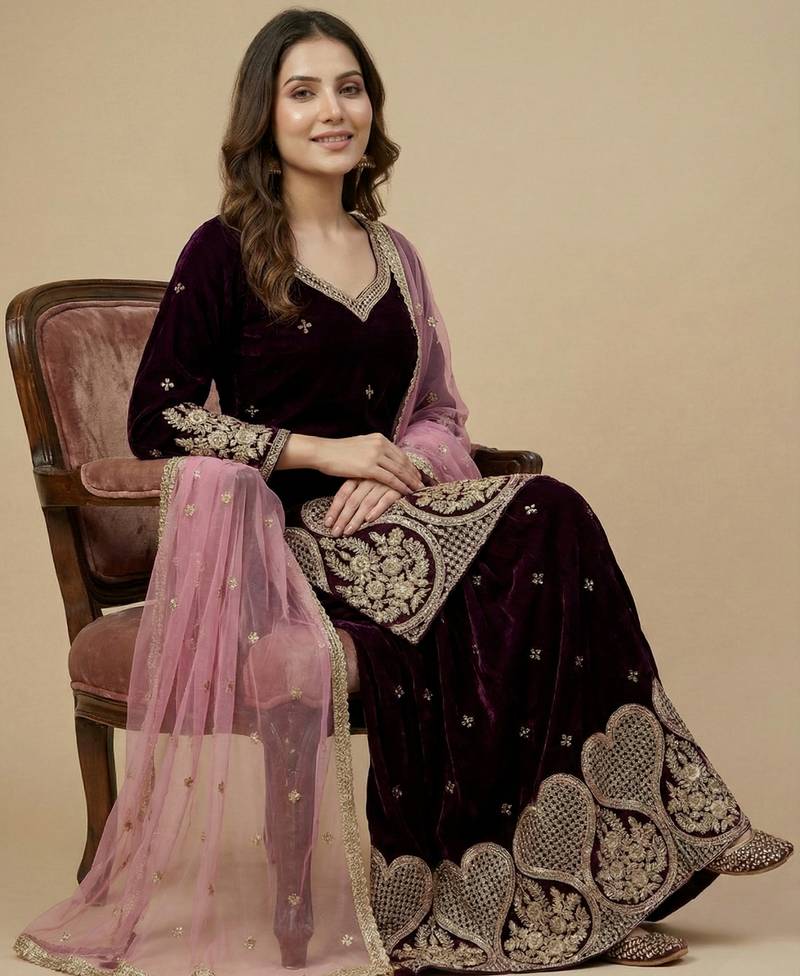 Maroon designer velvet readymade designer suit