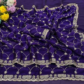 Purple color Sequence embroidery work with Cut  work border Chiffon art silk saree 1