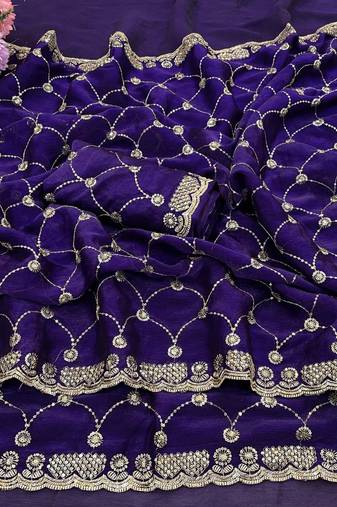 Purple color Sequence embroidery work with Cut  work border Chiffon Silk Saree