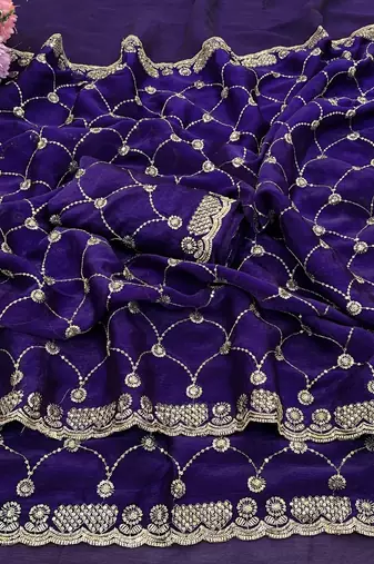 Purple color Sequence embroidery work with Cut  work border Chiffon Silk Saree
