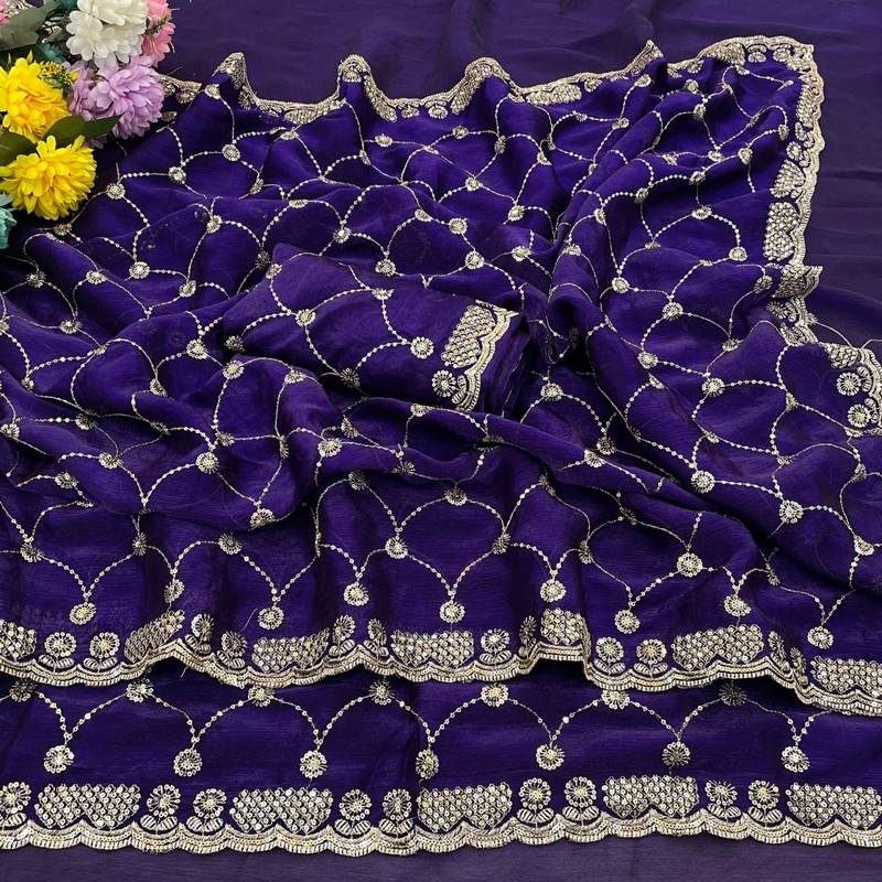 Purple color Sequence embroidery work with Cut  work border Chiffon Silk Saree