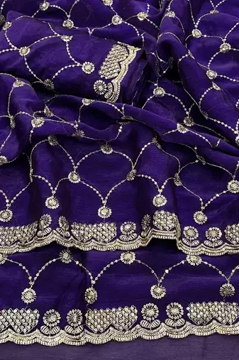 Purple color Sequence embroidery work with Cut  work border Chiffon art silk saree