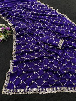 Purple color Sequence embroidery work with Cut  work border Chiffon art silk saree 3