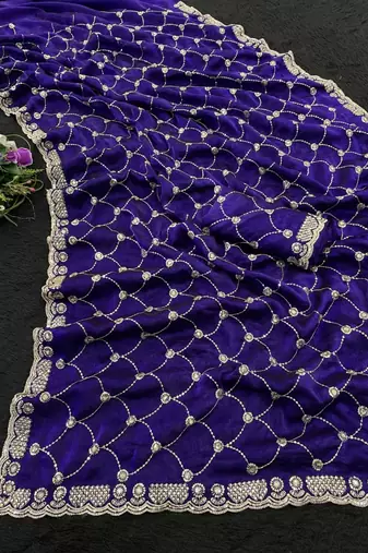 Purple color Sequence embroidery work with Cut  work border Chiffon art silk saree