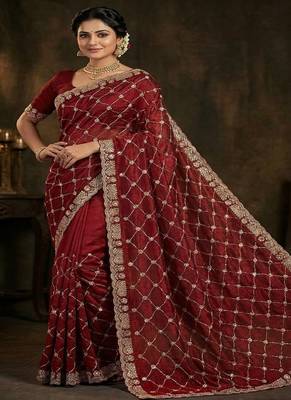 Maroon color Sequence embroidery work with Cut  work border Chiffon art silk saree 1