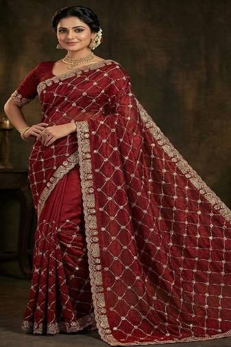 Maroon color Sequence embroidery work with Cut  work border Chiffon Silk Saree
