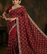 Maroon color Sequence embroidery work with Cut  work border Chiffon Silk Saree