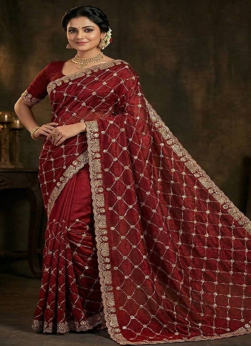 Maroon color Sequence embroidery work with Cut  work border Chiffon Silk Saree