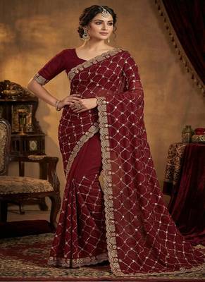 Maroon color Sequence embroidery work with Cut  work border Chiffon art silk saree 2