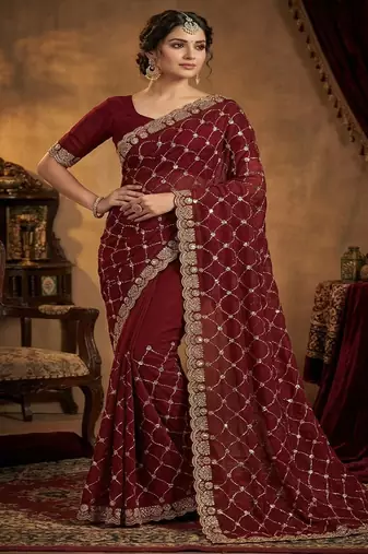 Maroon color Sequence embroidery work with Cut  work border Chiffon art silk saree