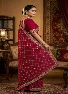Maroon color Sequence embroidery work with Cut  work border Chiffon art silk saree 3