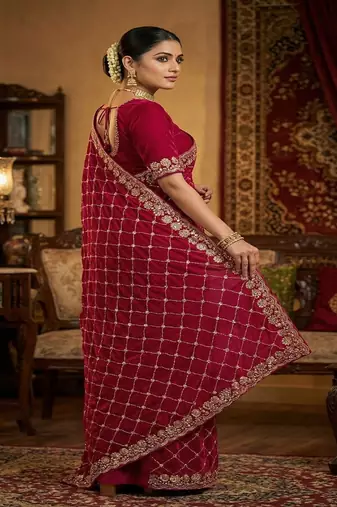 Maroon color Sequence embroidery work with Cut  work border Chiffon art silk saree