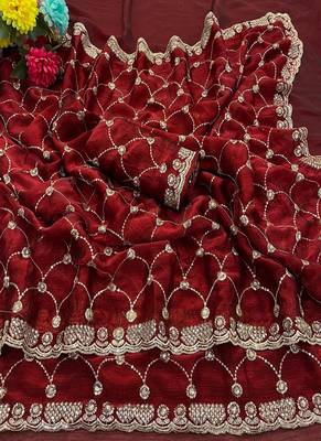 Maroon color Sequence embroidery work with Cut  work border Chiffon art silk saree 4