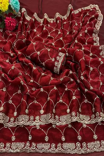 Maroon color Sequence embroidery work with Cut  work border Chiffon art silk saree