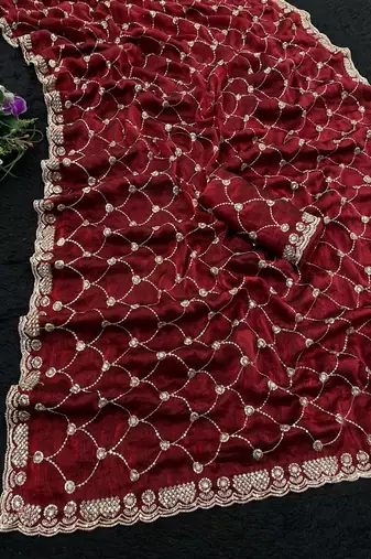 Maroon color Sequence embroidery work with Cut  work border Chiffon art silk saree