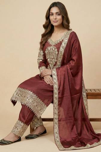 Maroon designer faux silk readymade designer suit