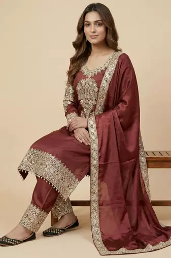 Maroon designer faux silk readymade designer suit