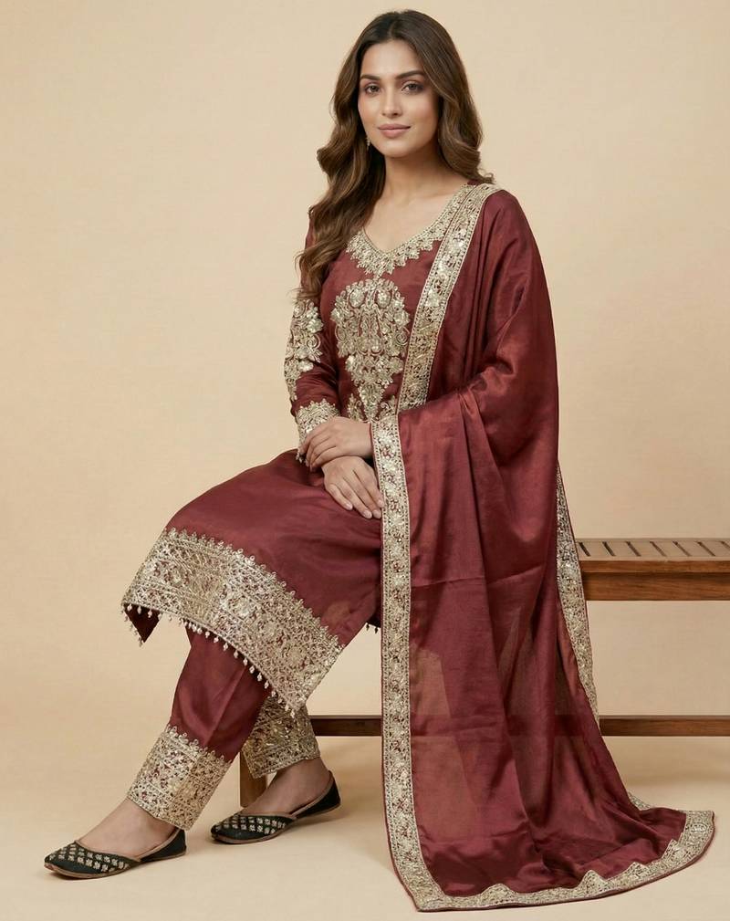 Maroon designer faux silk readymade designer suit