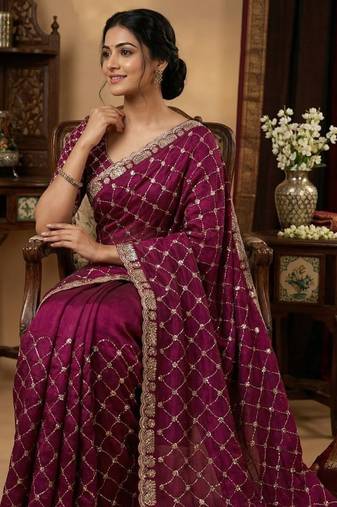 Plum color Sequence embroidery work with Cut  work border Chiffon Silk Saree