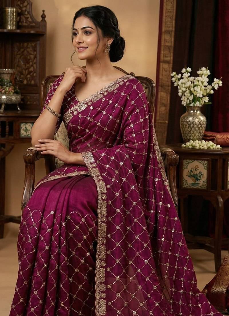 Plum color Sequence embroidery work with Cut  work border Chiffon Silk Saree