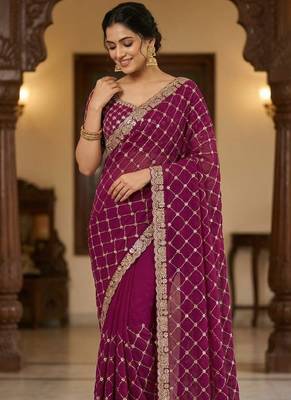 Plum color Sequence embroidery work with Cut  work border Chiffon art silk saree 2