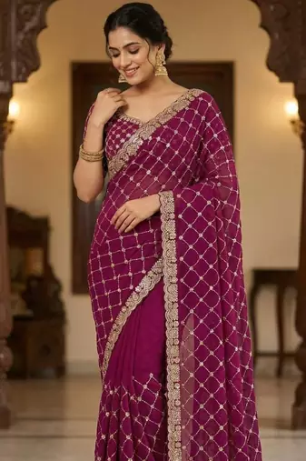 Plum color Sequence embroidery work with Cut  work border Chiffon art silk saree
