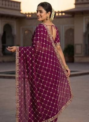 Plum color Sequence embroidery work with Cut  work border Chiffon art silk saree 3