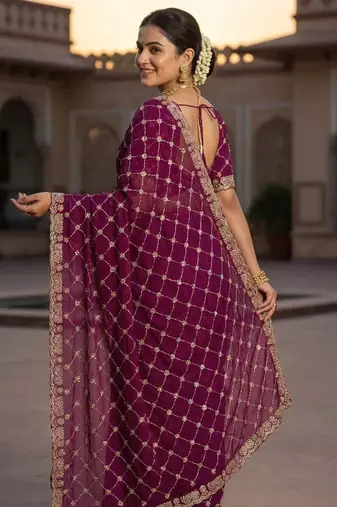 Plum color Sequence embroidery work with Cut  work border Chiffon art silk saree