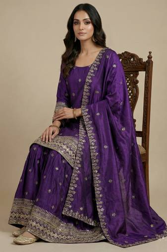 Purple designer faux silk readymade designer suit
