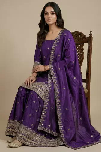 Purple designer faux silk readymade designer suit