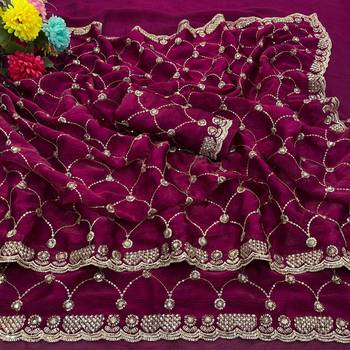 Plum color Sequence embroidery work with Cut  work border Chiffon art silk saree 4