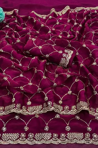 Plum color Sequence embroidery work with Cut  work border Chiffon art silk saree