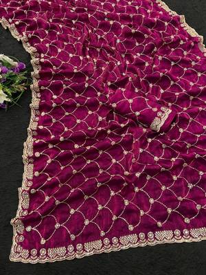 Plum color Sequence embroidery work with Cut  work border Chiffon art silk saree 5