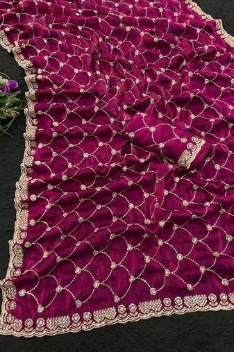 Plum color Sequence embroidery work with Cut  work border Chiffon art silk saree