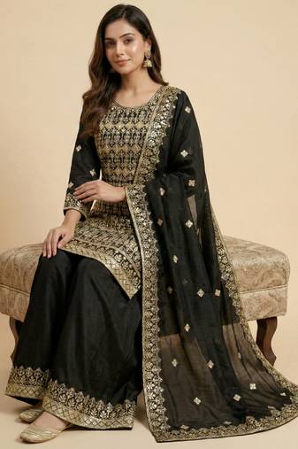 Black designer faux silk readymade designer suit