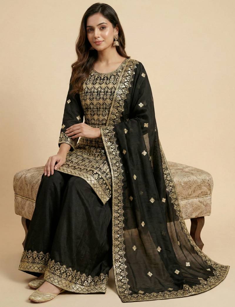 Black designer faux silk readymade designer suit