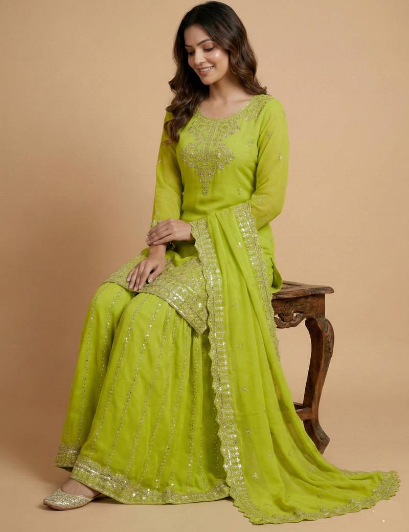 Parrot-green designer georgette readymade designer suit