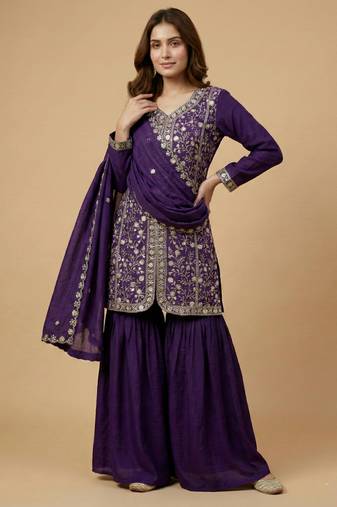 Purple designer faux silk readymade designer suit
