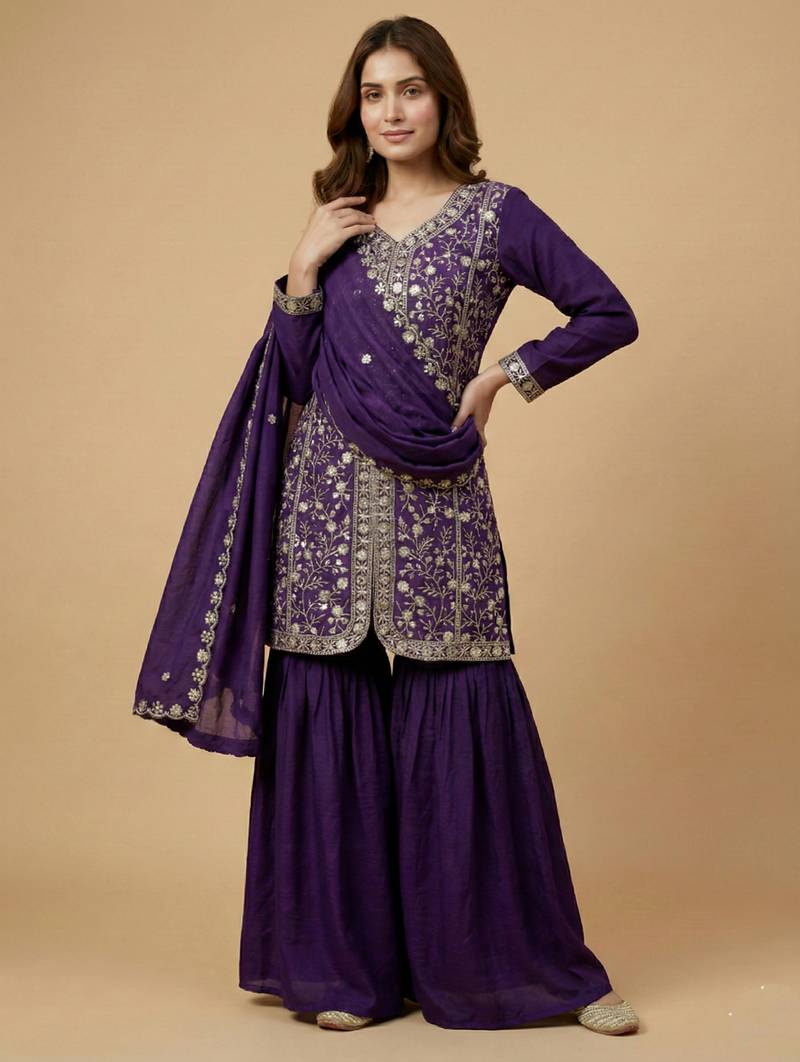 Purple designer faux silk readymade designer suit