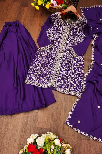 Purple designer faux silk readymade designer suit