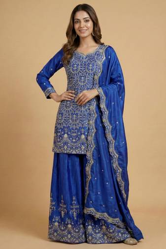 Blue designer faux silk readymade designer suit