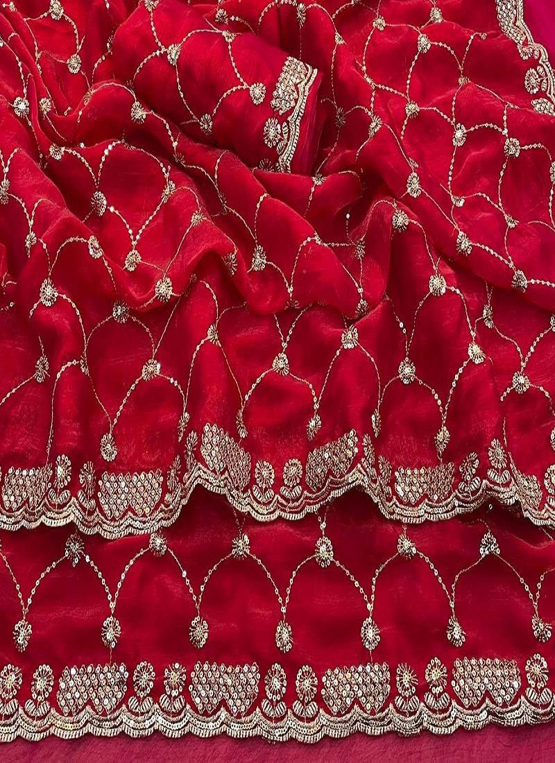 Rani pink color Sequence embroidery work with Cut  work border Chiffon Silk Saree