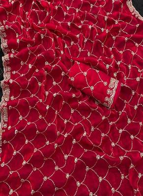 Rani pink color Sequence embroidery work with Cut  work border Chiffon art silk saree 2
