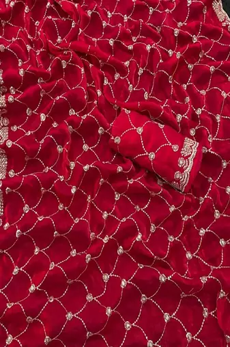 Rani pink color Sequence embroidery work with Cut  work border Chiffon art silk saree